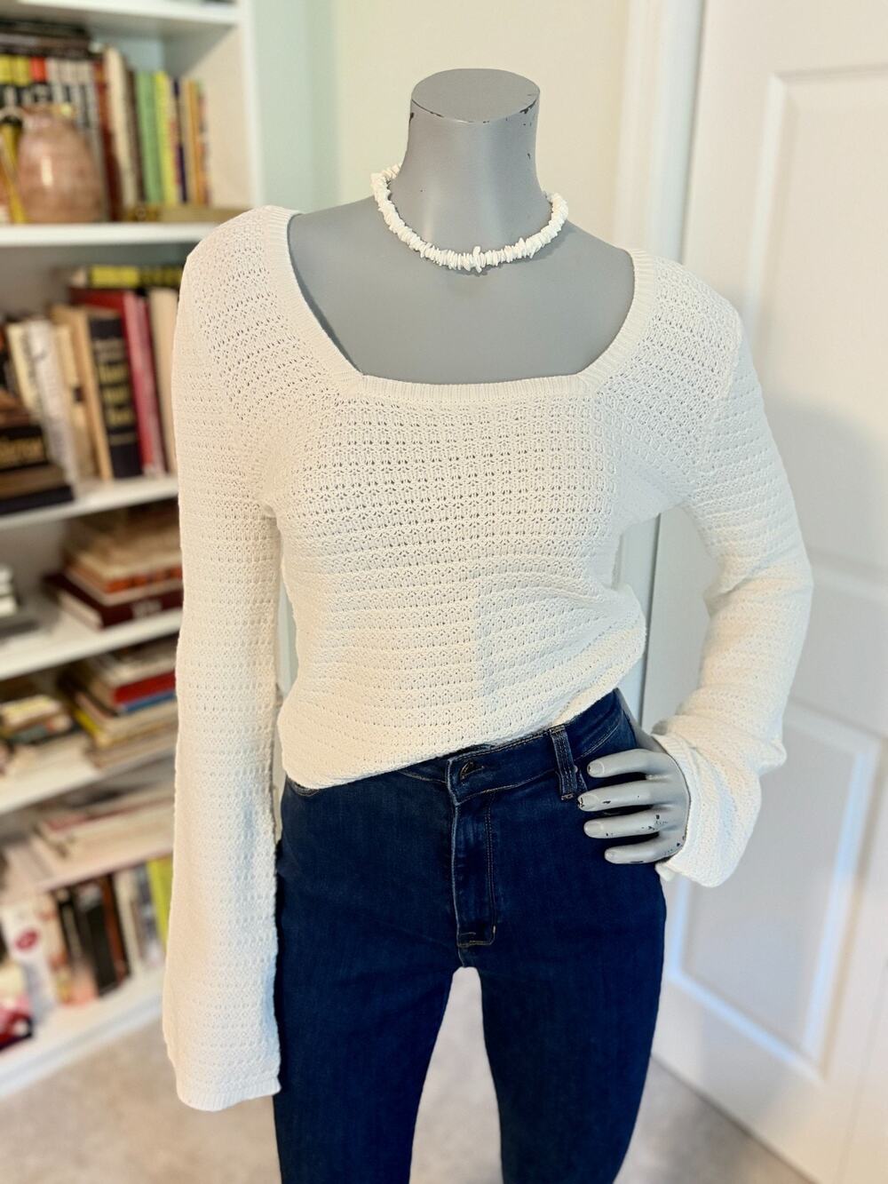 Hollister Crop Sweater Women L White Crochet Open Knit Square Neck Y2K Boho Top - Picture 1 of 4